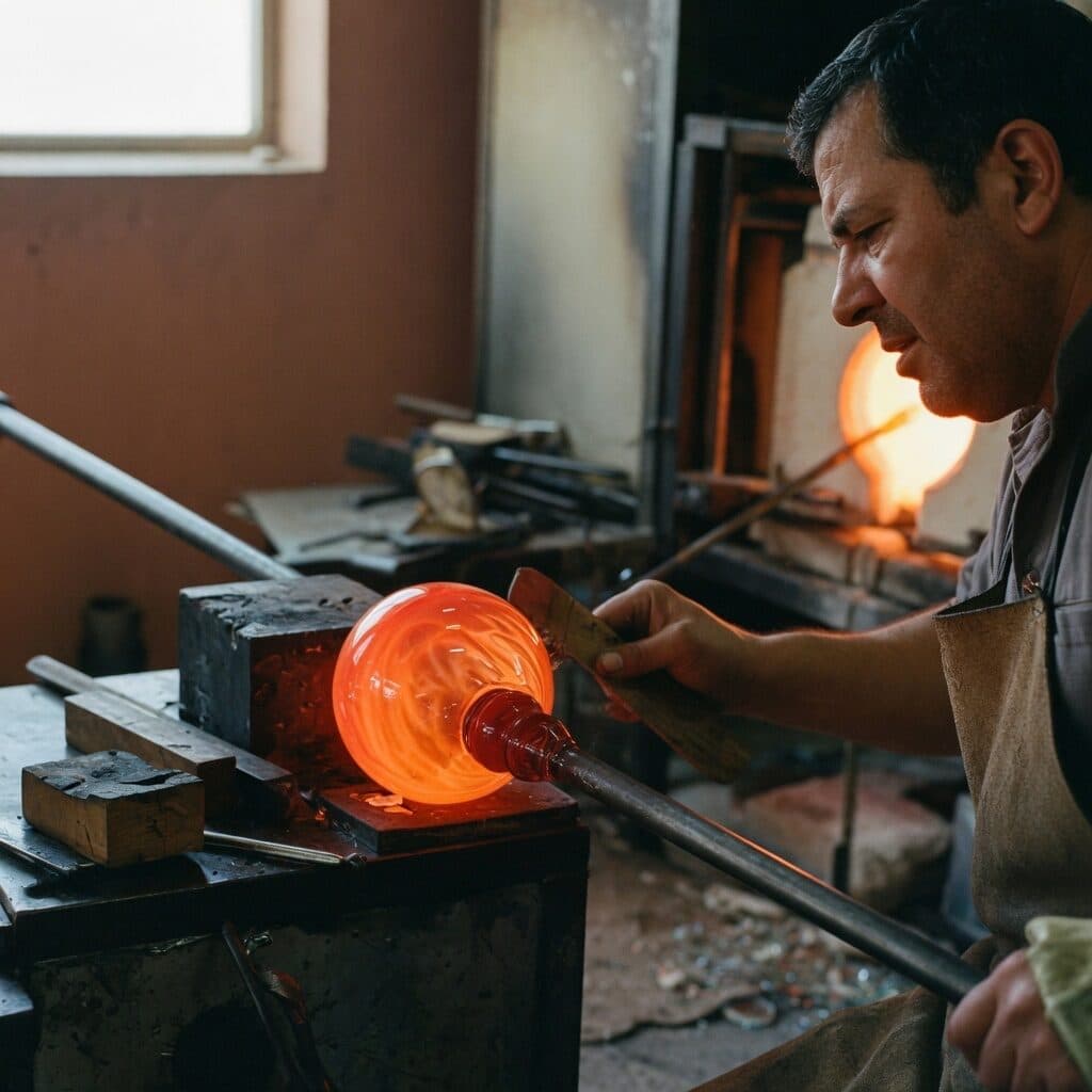glassblower shaping glowing glass by the furnace generated with Grok Imagine Image Quality in Made
