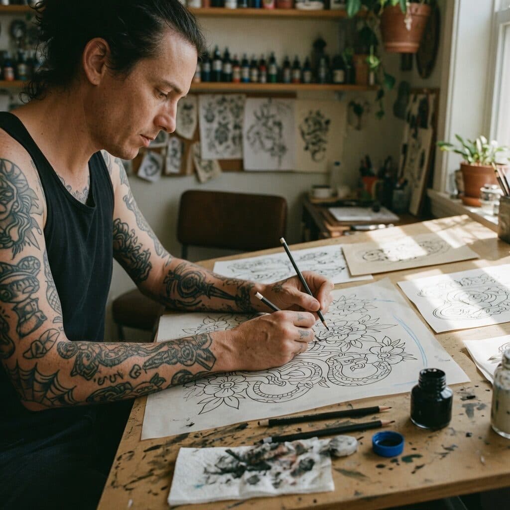 tattoo artist sketching at a drafting table generated with Grok Imagine Image Quality in Made