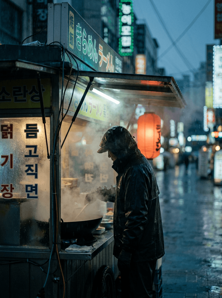 Neon-lit noodle stand start frame supplied to Grok Imagine Video