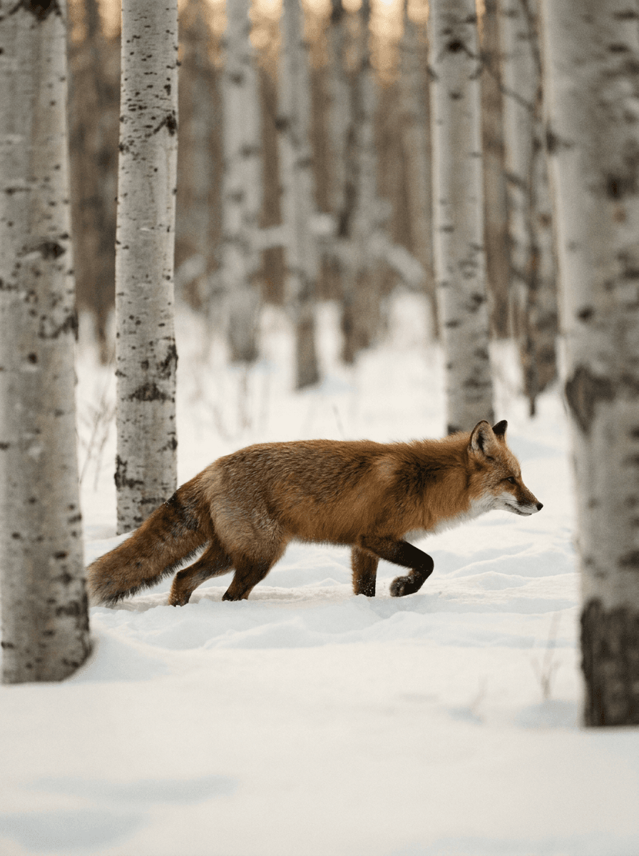 Red fox in birch snow, a scene brief for Grok Imagine Video