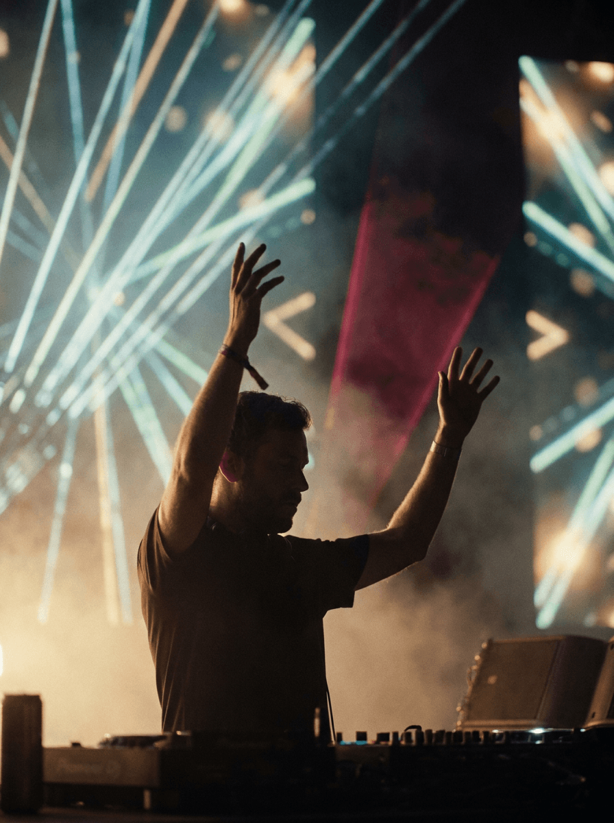 DJ silhouetted against a laser wall, a composition brief for Grok Imagine Video