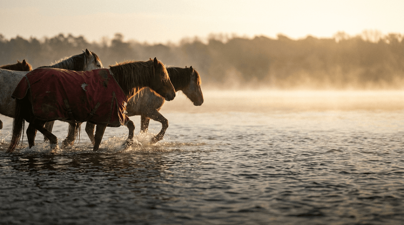 Horses in shallow water at sunrise, a Happy Horse 1.1 scene brief