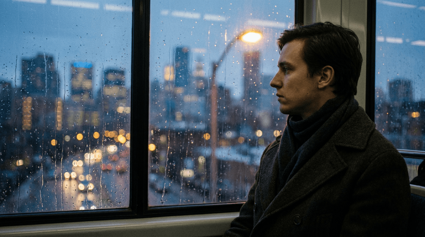 Rain-streaked train window at dusk, a composition brief for Happy Horse 1.1
