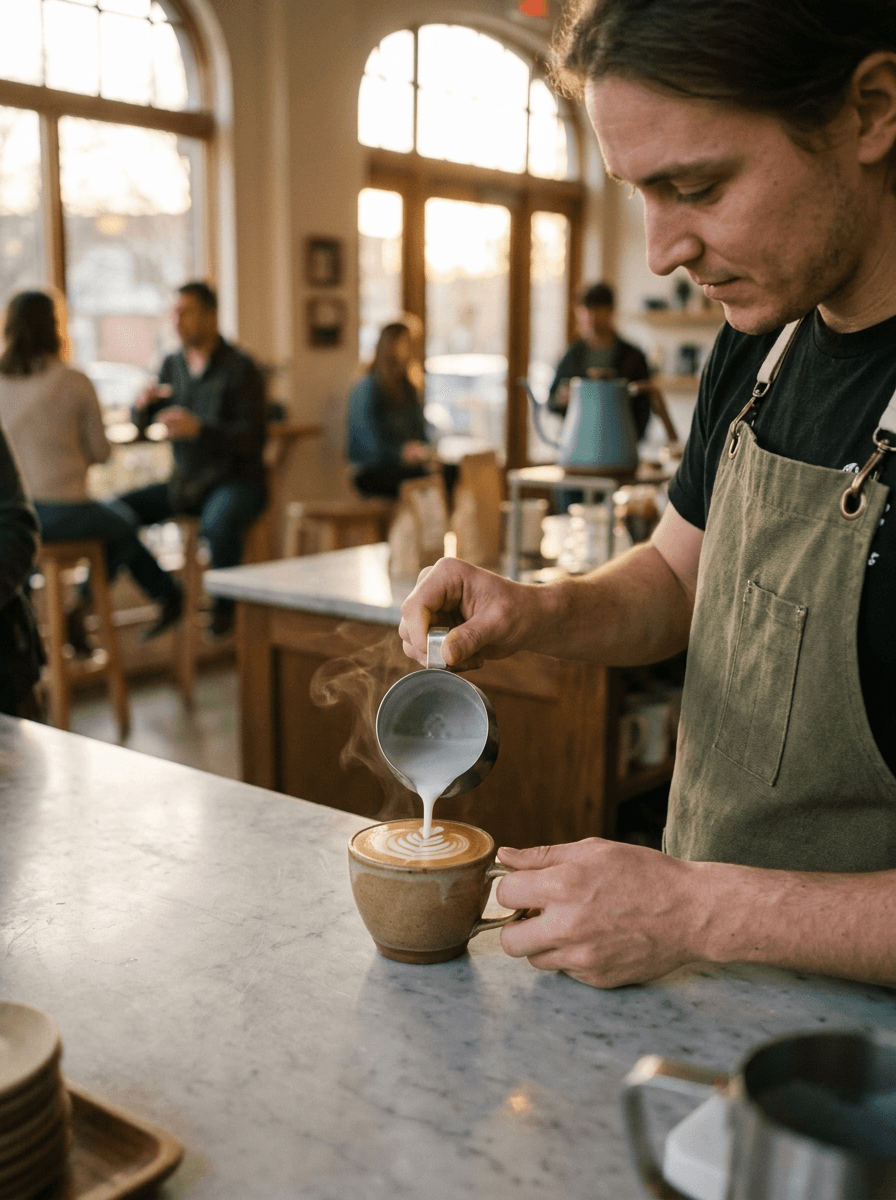 Barista pouring latte art, the start frame supplied to Kling 2.5 Turbo
