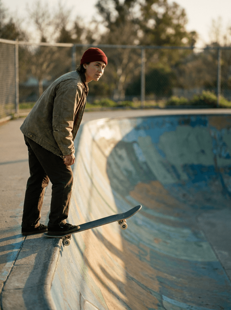 Skateboarder at the lip of a concrete bowl, a start frame for Kling 2.5 Turbo