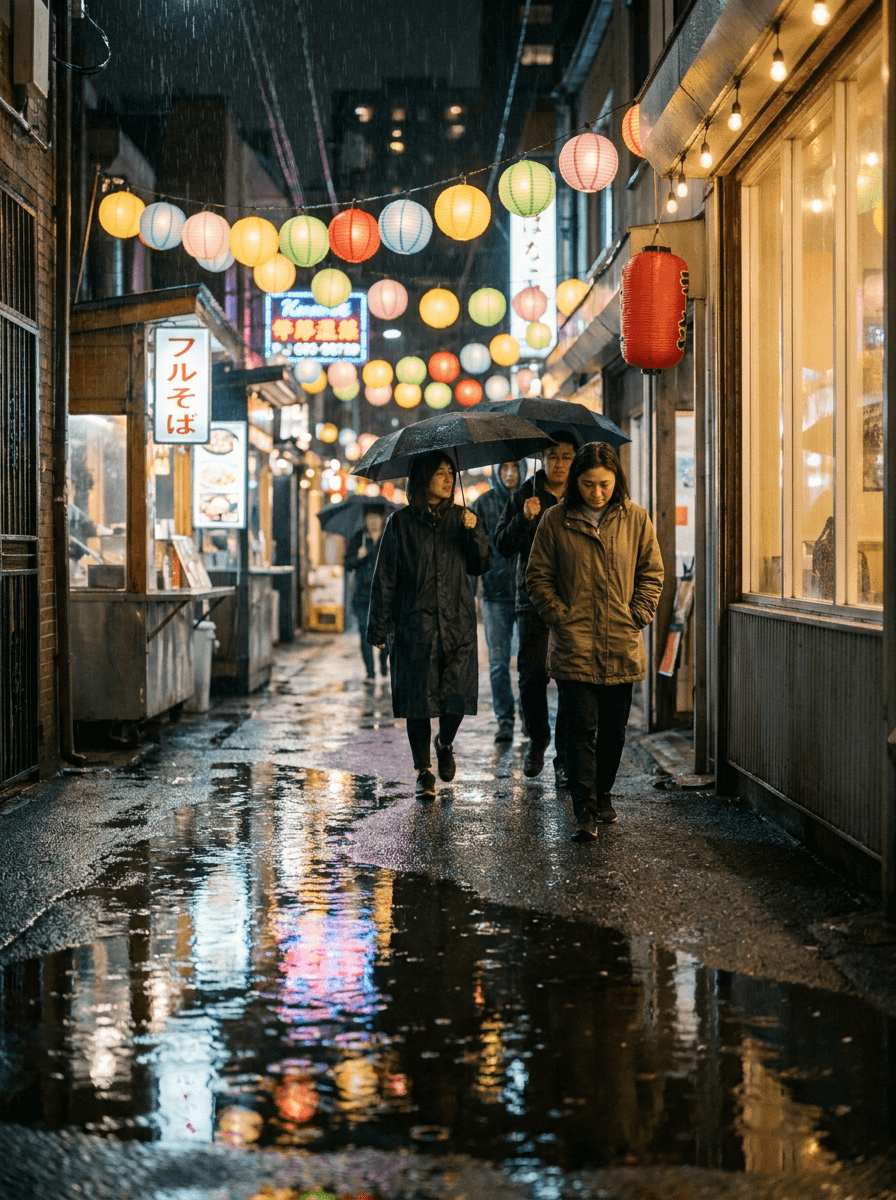 Paper lanterns over a rainy night market, a composition brief for Kling 2.5 Turbo