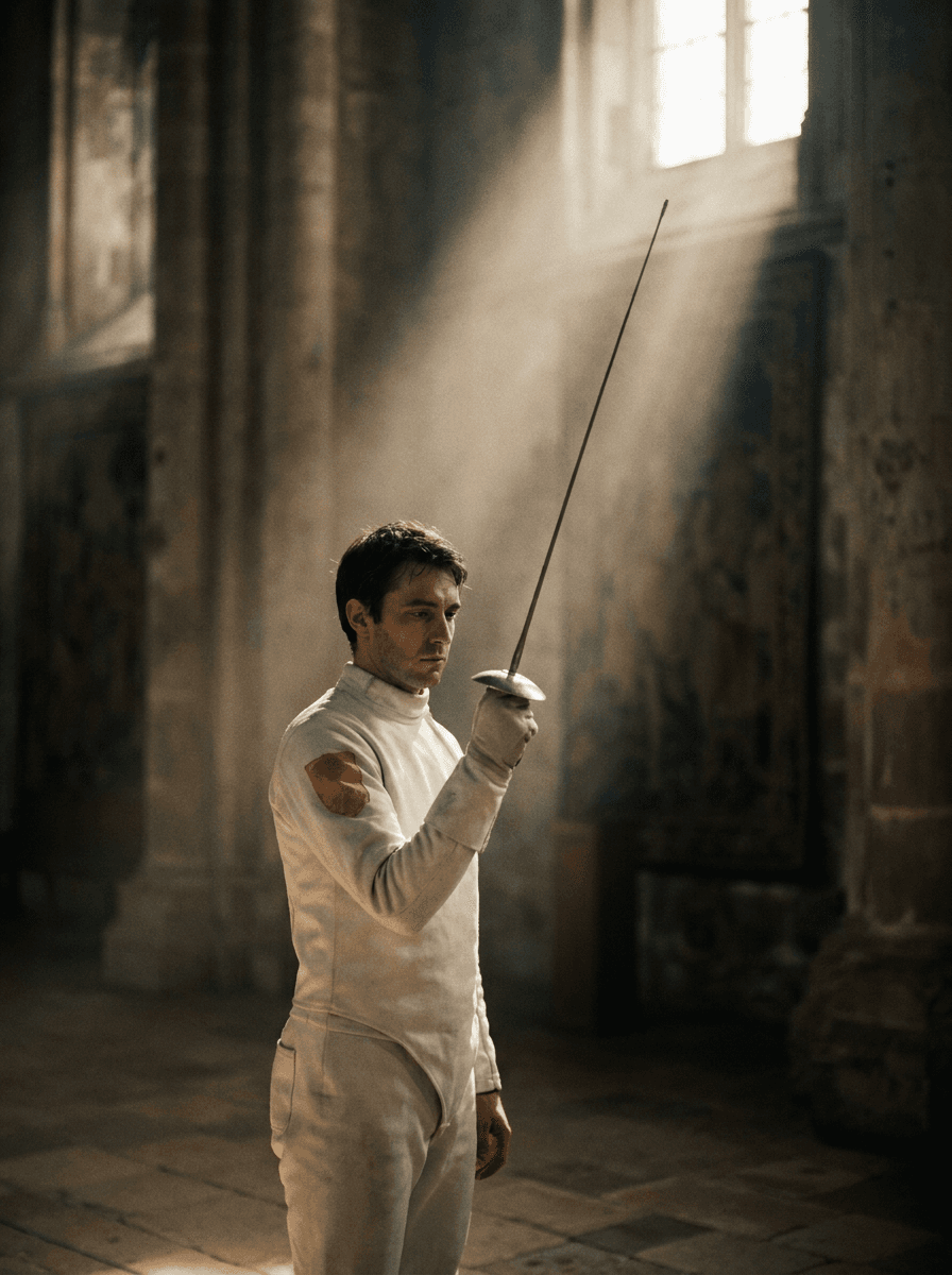 Fencer saluting in a shaft of light, the start frame supplied to Kling 2.6 Pro