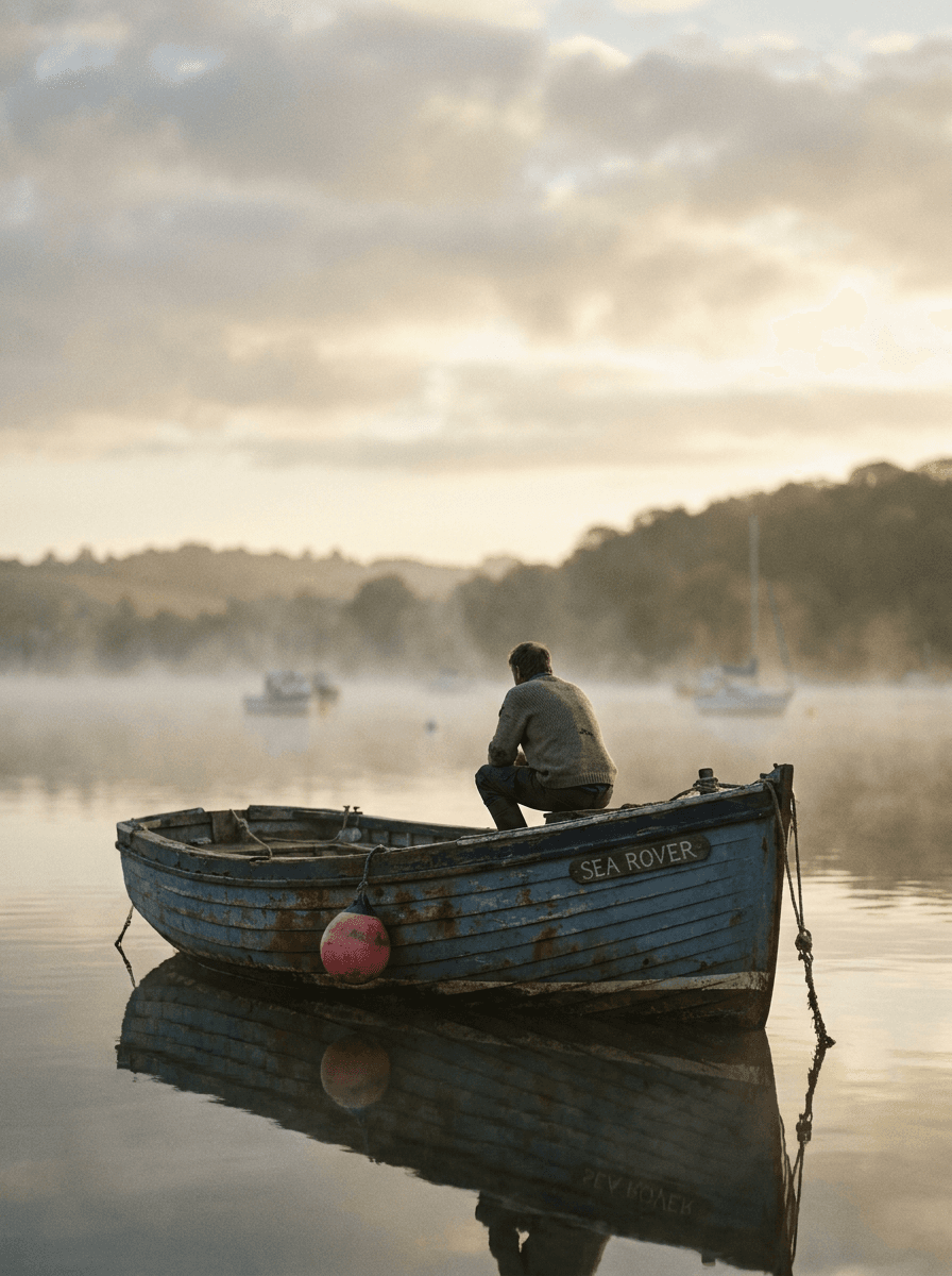 Fishing boat in glassy dawn water, a scene brief for Kling 2.6 Pro