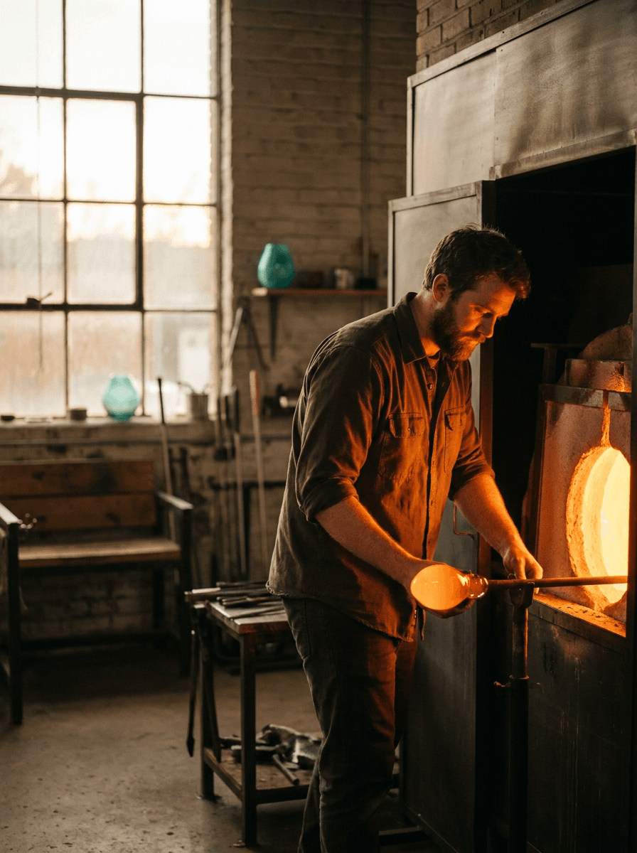 Glassblower at the furnace, a composition brief for Kling 2.6 Pro