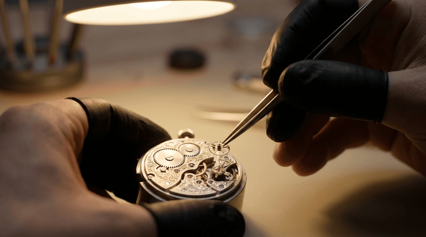 Watchmaker setting a brass gear, the start frame for a Kling 3 4K clip