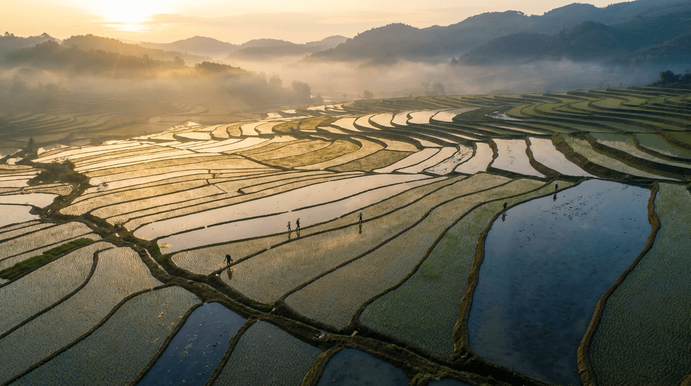 Terraced rice fields at sunrise, a composition brief for Kling 3 4K