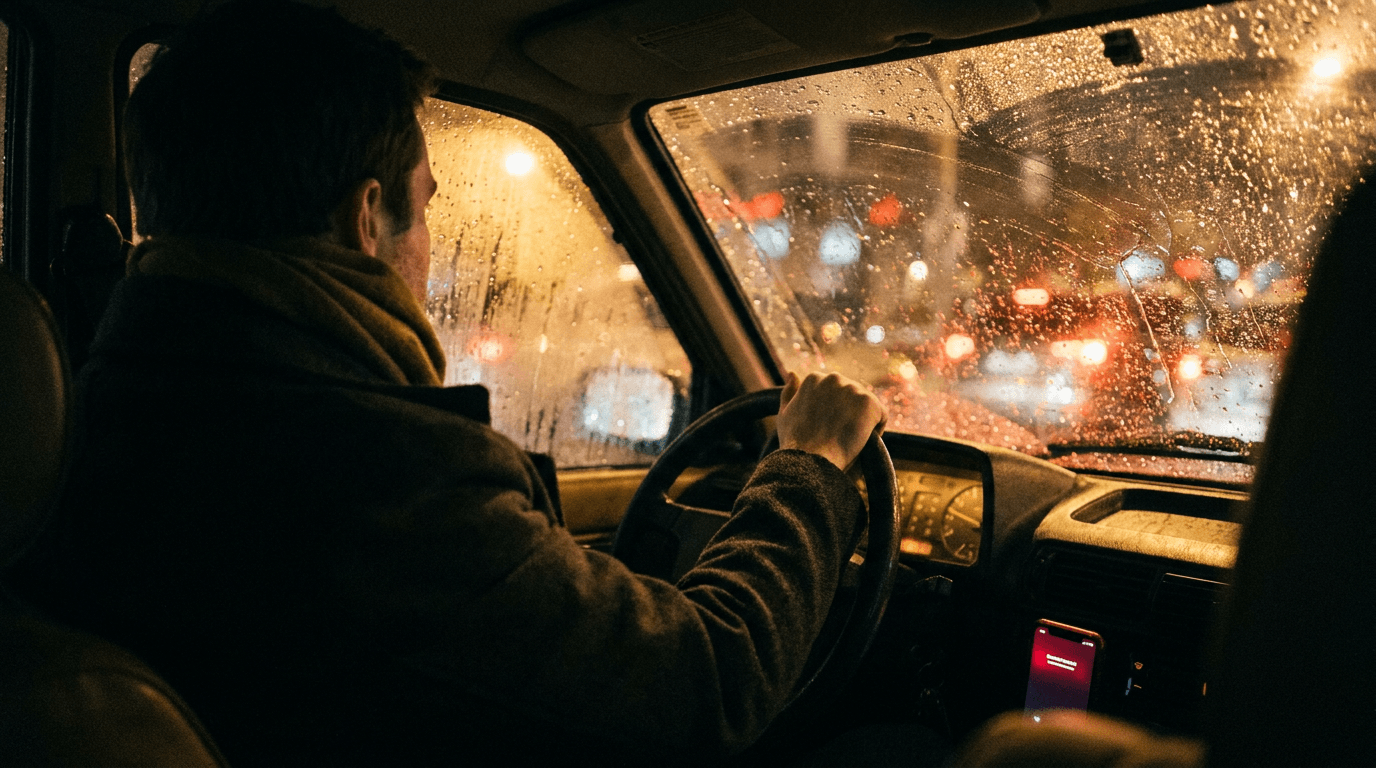 Rainy windshield at night, a Kling 3 Pro composition brief