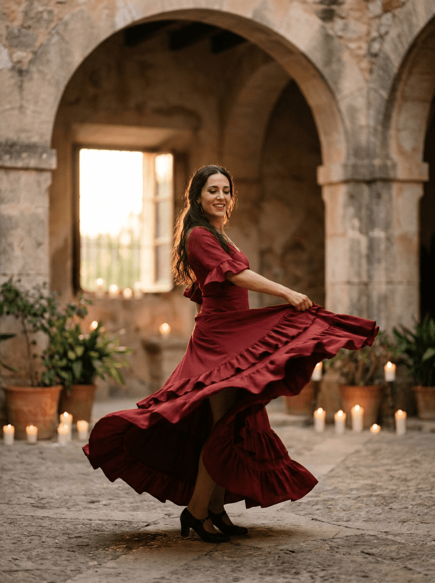Flamenco dancer frozen mid-turn, a Kling 3 Turbo scene brief