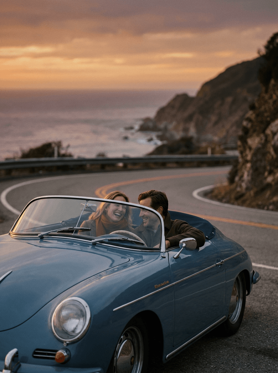 Vintage convertible on a coastal switchback at sunset, a composition brief for Kling 3 Turbo