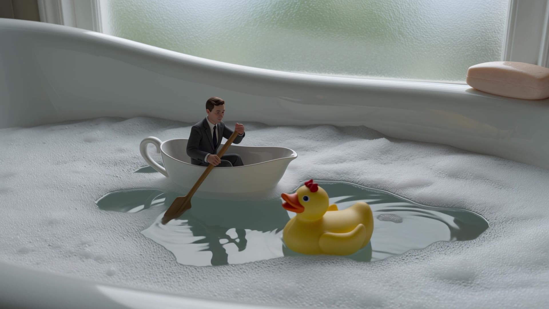 A frame from the Kling 4 teacup clip, the tiny rower in the bubble bath