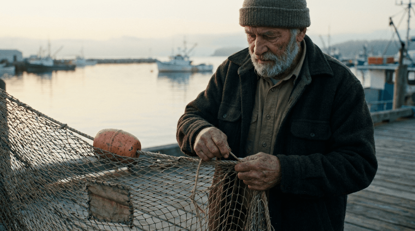 Fisherman mending a net at dawn, the start frame for a Kling O3 4K clip