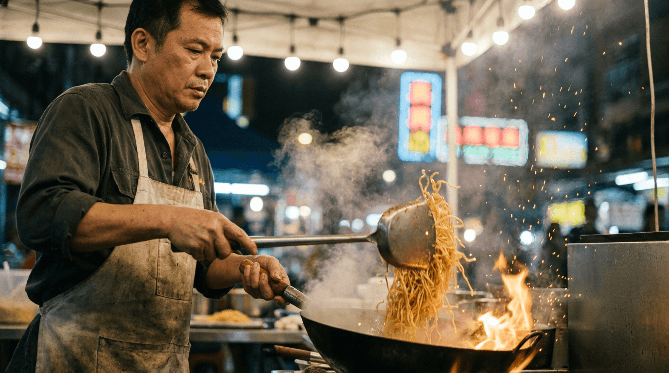 Night market wok cook, a Kling O3 4K scene brief