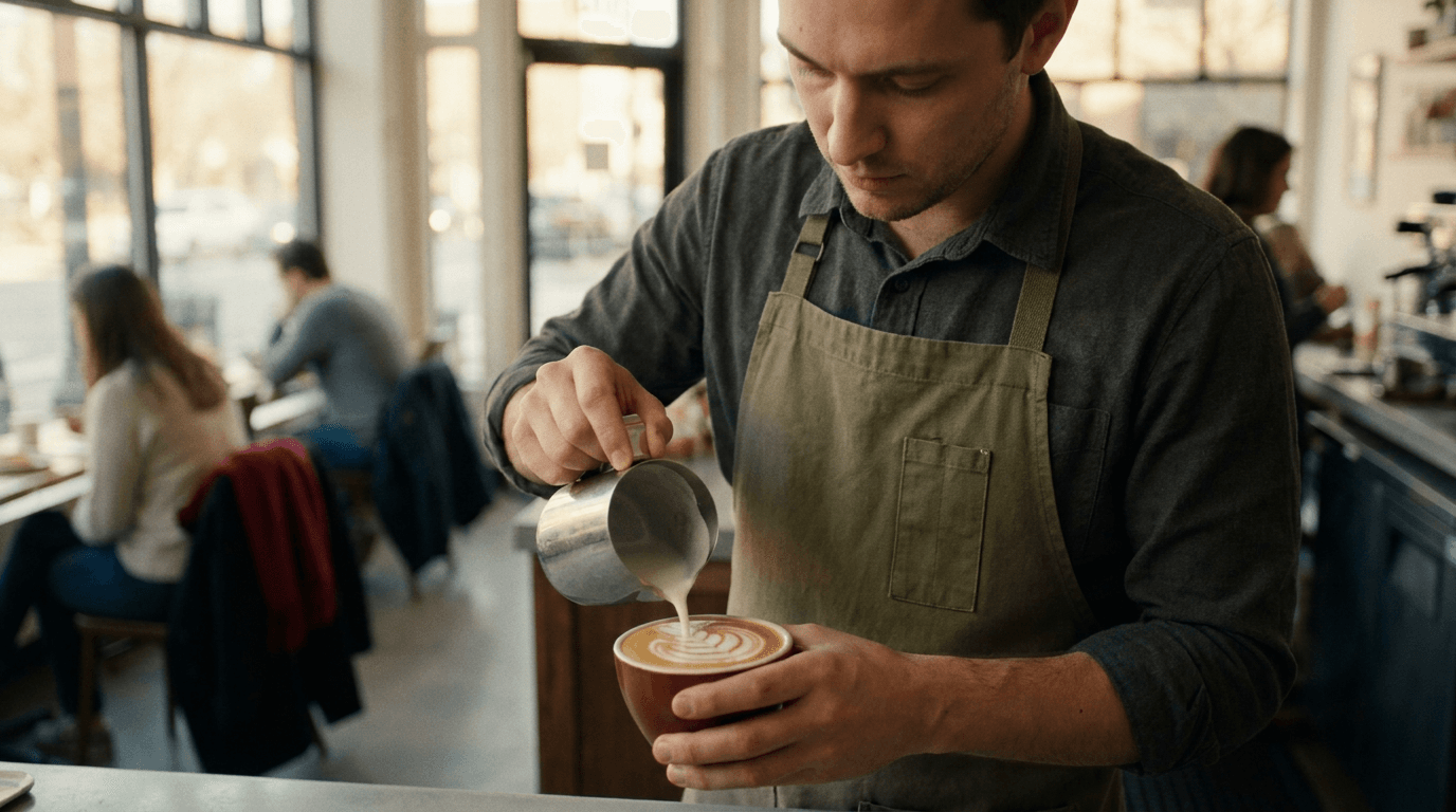 Latte art pour still used as a Kling O3 Pro start frame