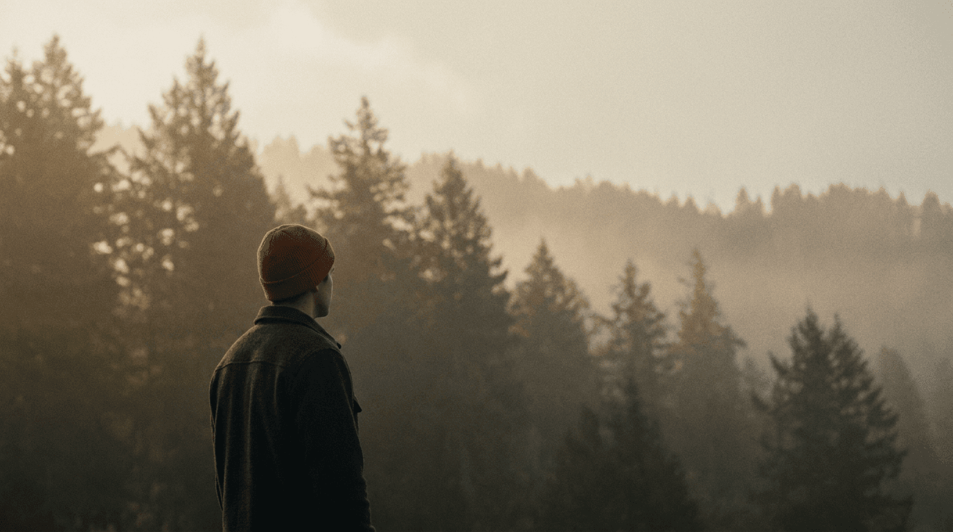 Morning fog over a pine ridge, a composition brief for Kling O3 Pro