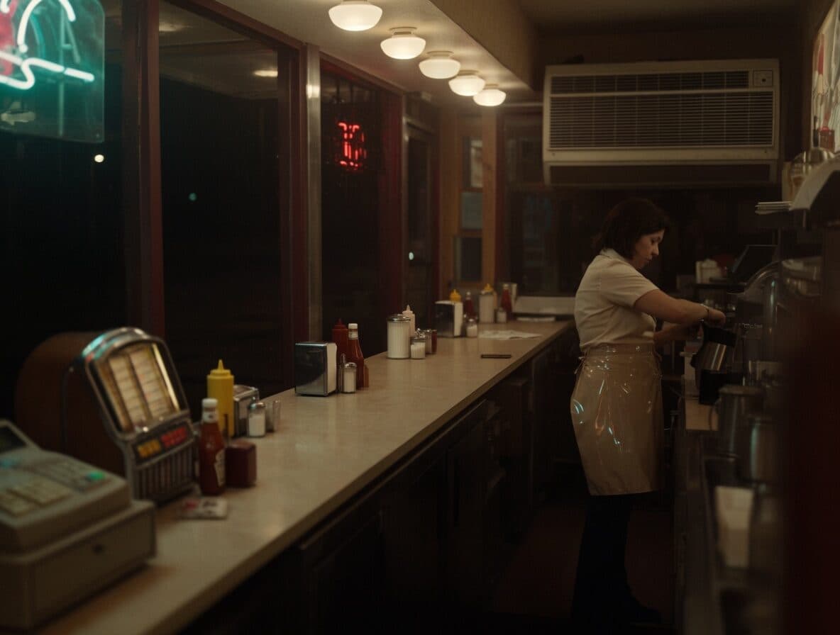 film still of a diner at 2am generated with Krea 2 in Made