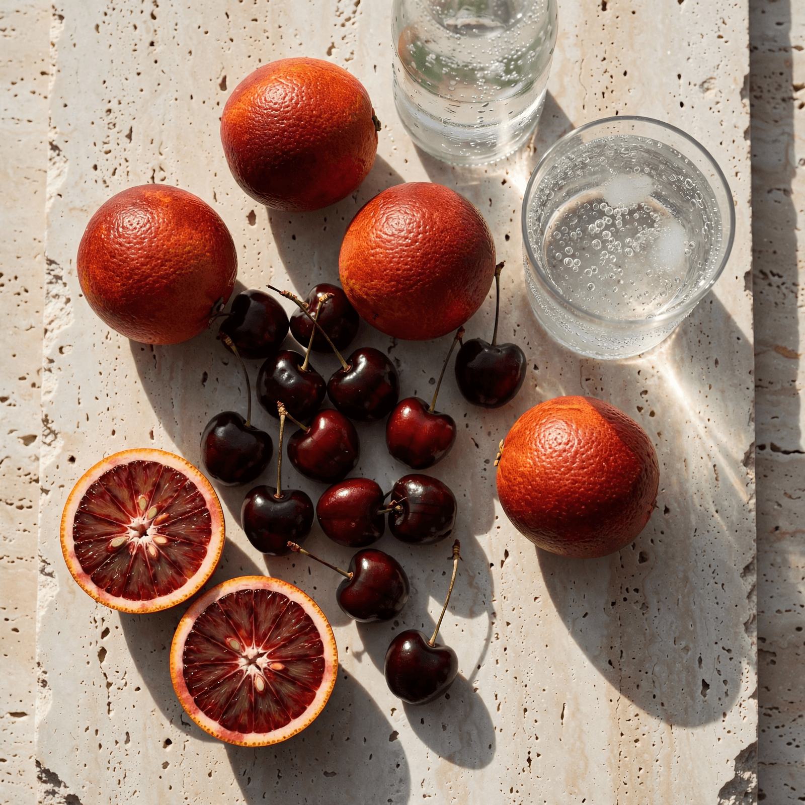 overhead blood orange and cherry still life generated with Muse Image in Made