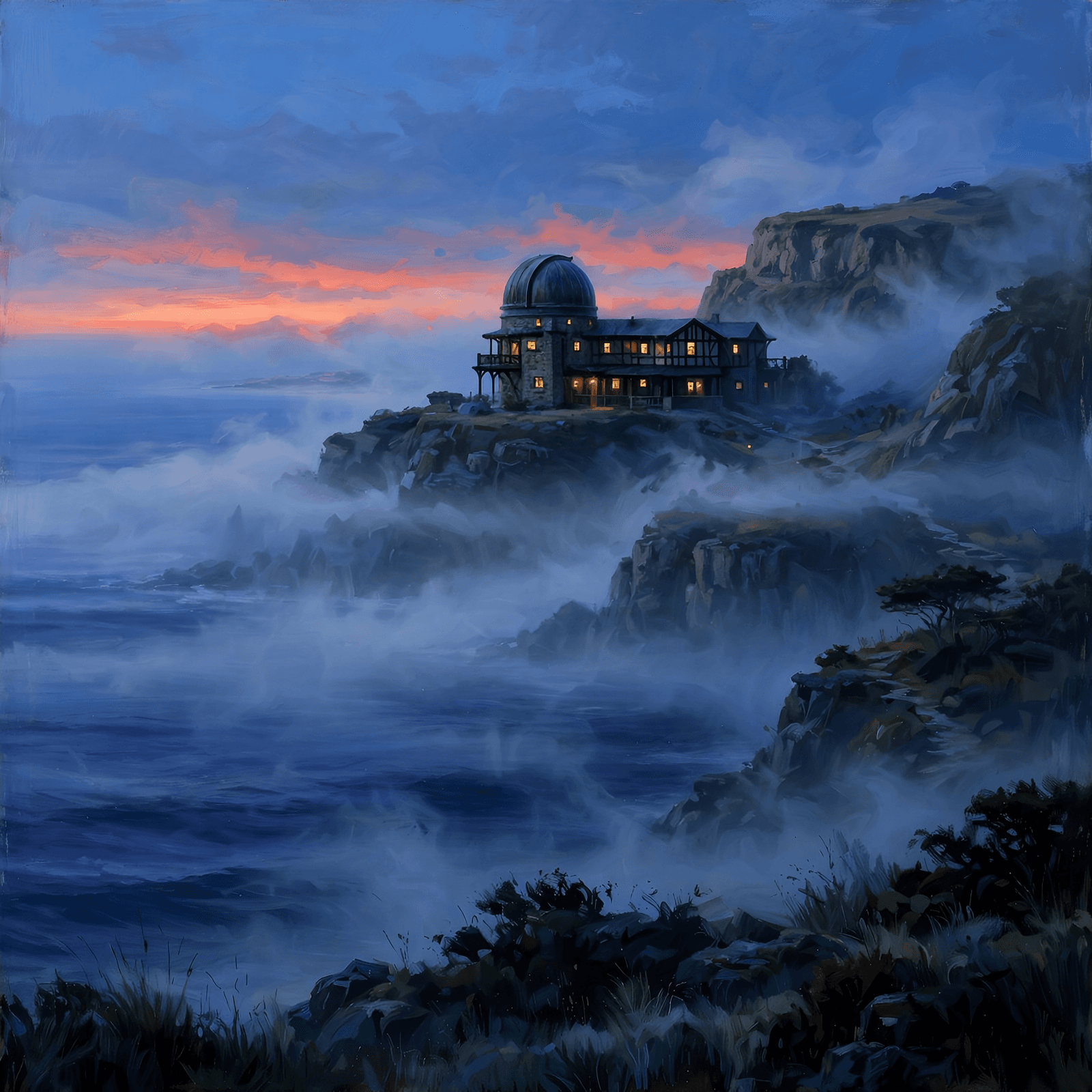 coastal observatory illustration at blue hour generated with Muse Image in Made
