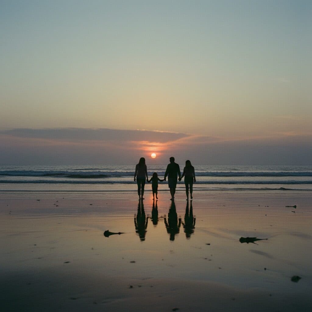 family silhouettes on a beach at sunset generated with Nano Banana in Made