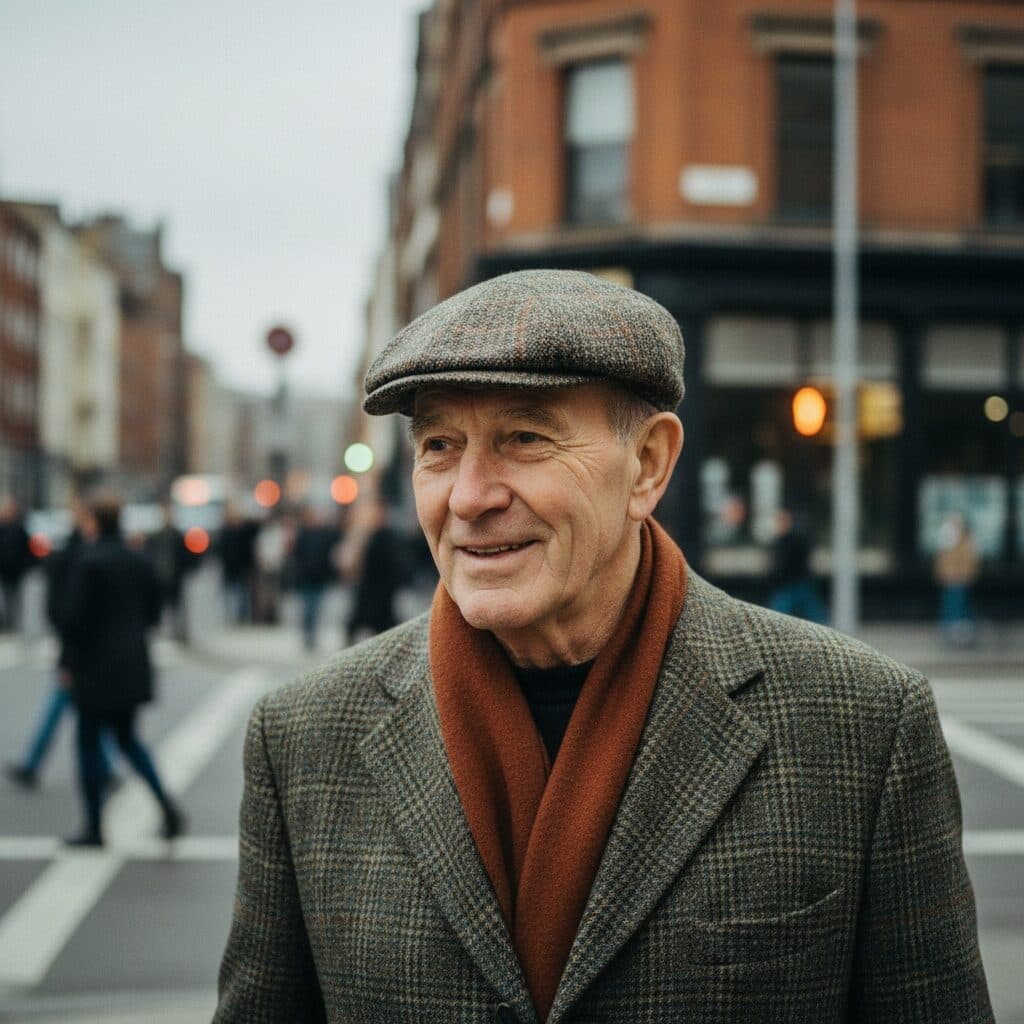 street portrait of an older man in a flat cap generated with Nano Banana in Made