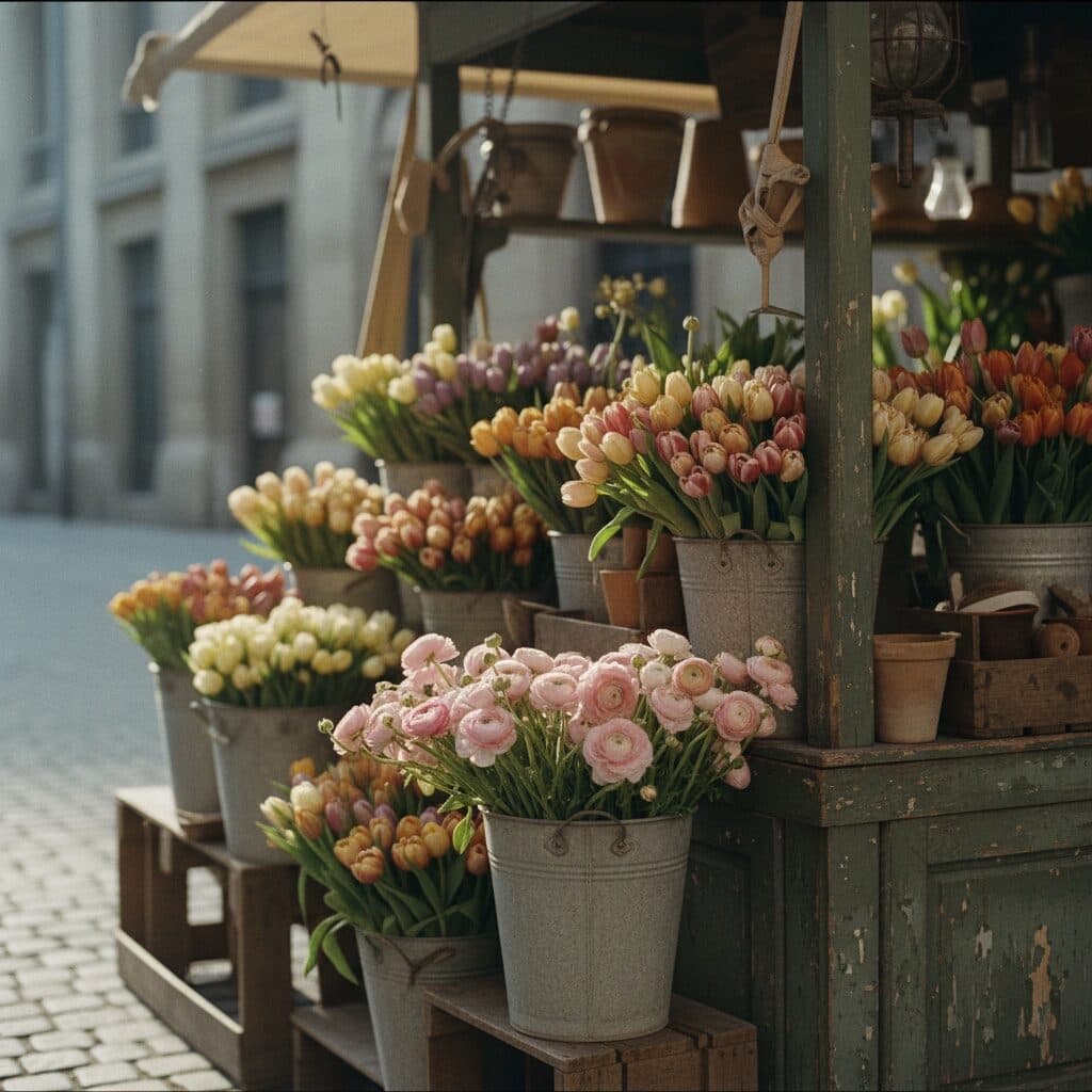 street flower stall with tulips generated with Nano Banana in Made