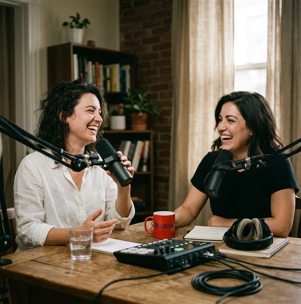 two hosts recording a podcast generated with Nano Banana 2 in Made