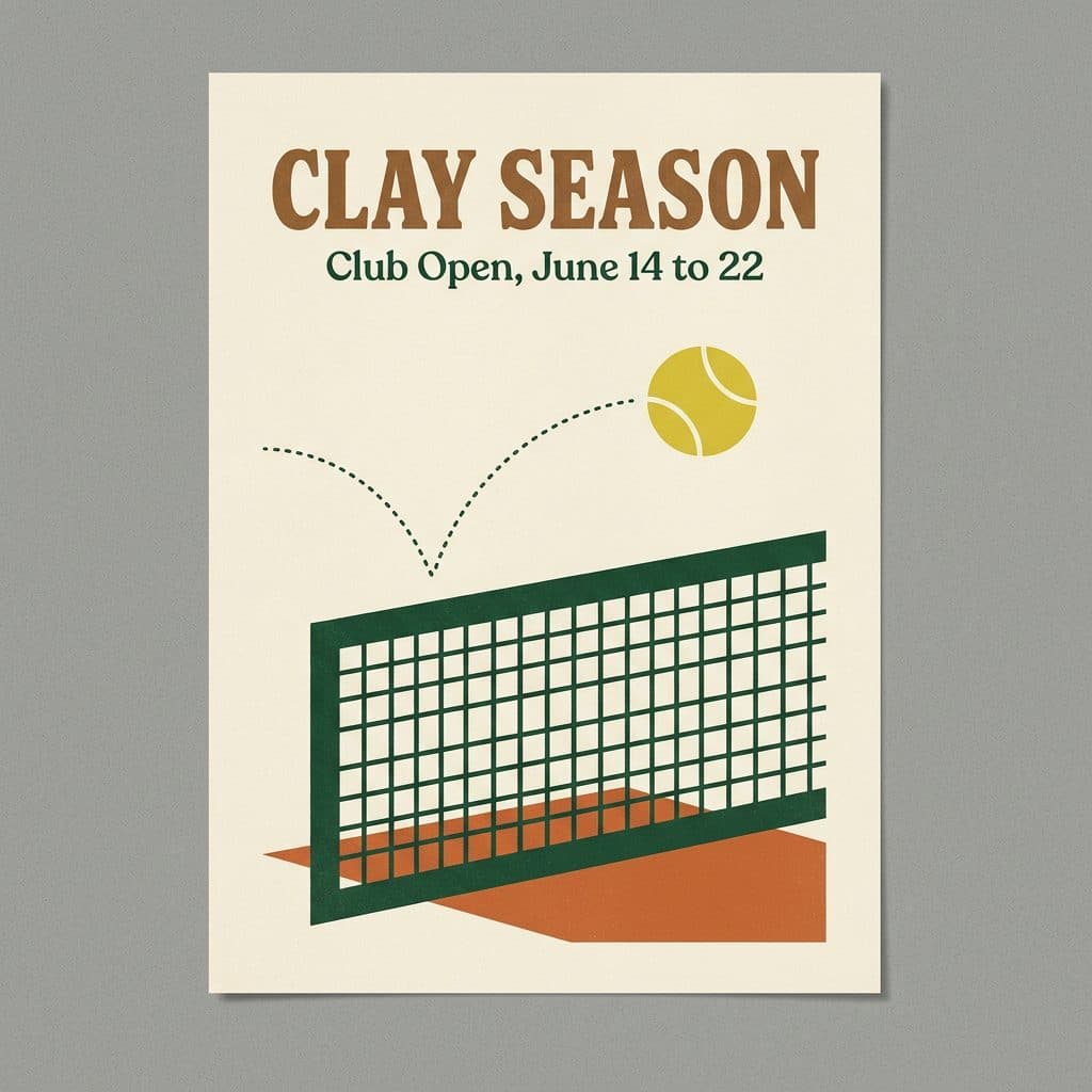 tennis poster with a legible CLAY SEASON headline generated with Nano Banana 2.1 in Made