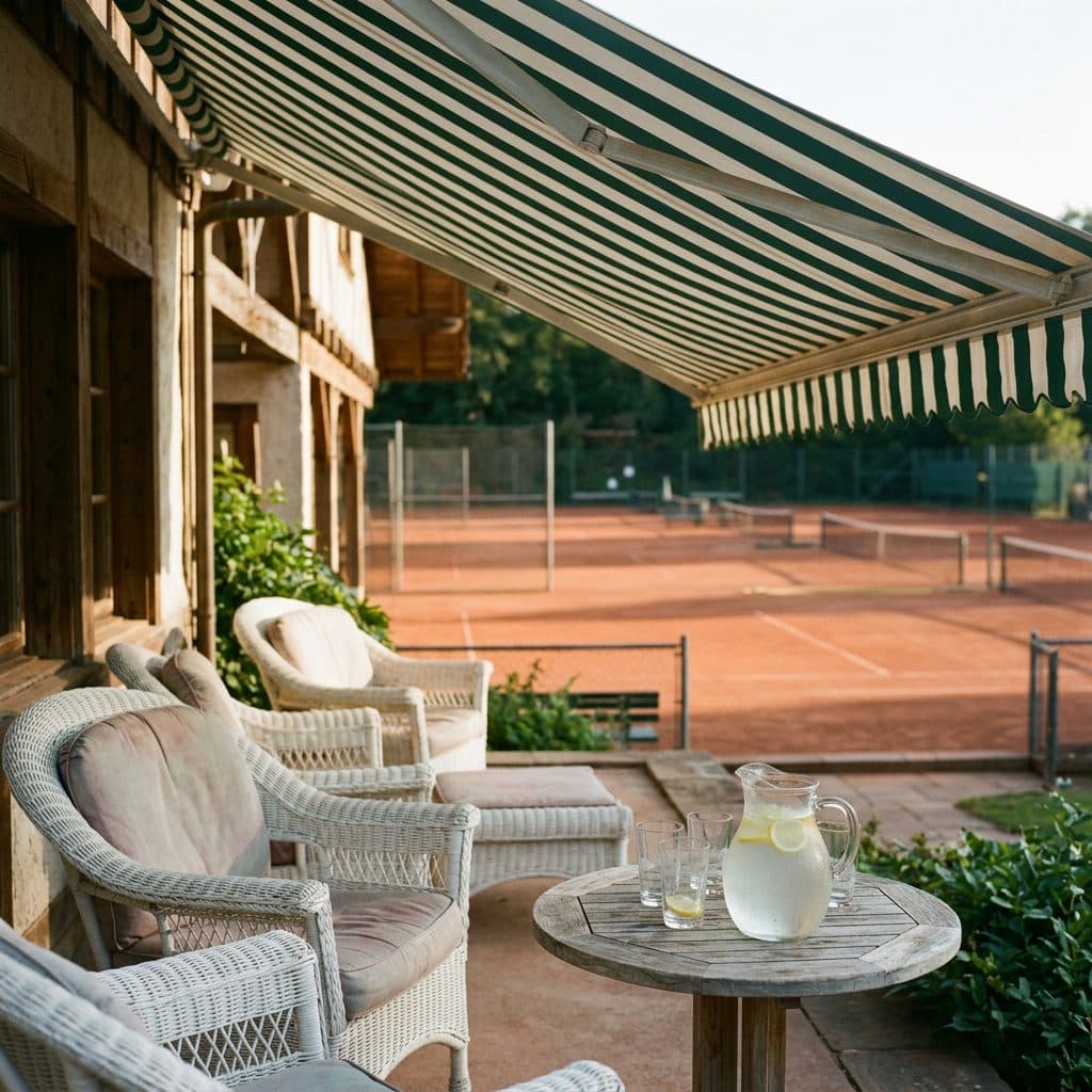 clubhouse terrace overlooking clay courts at golden hour generated with Nano Banana 2.1 in Made