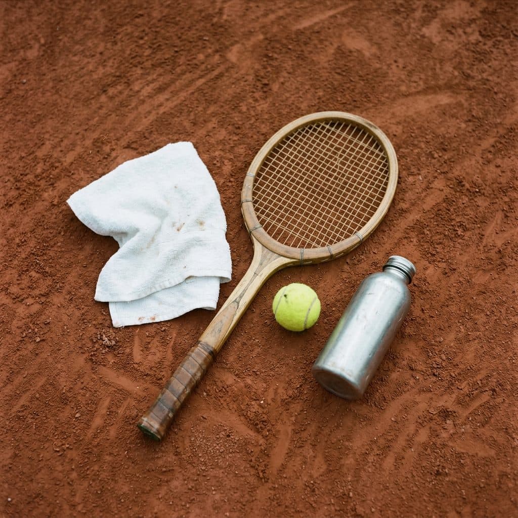 vintage wooden racket, towel, ball and bottle on red clay generated with Nano Banana 2.1 in Made