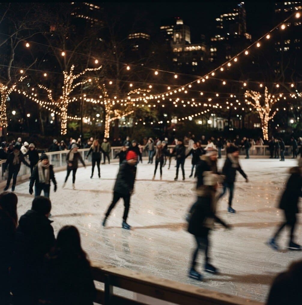 outdoor ice rink at night with blurred skaters generated with Nano Banana 2 Lite in Made