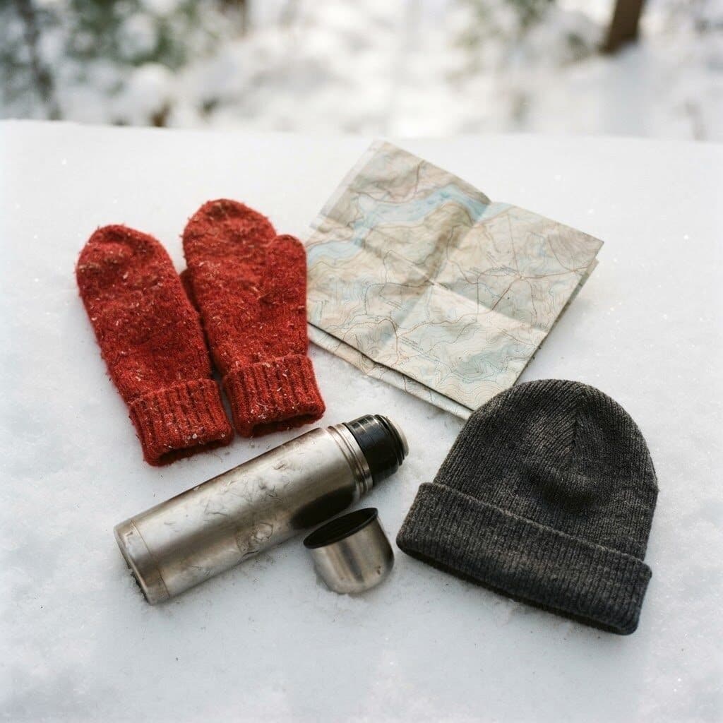winter flat lay of mittens and a thermos on snow generated with Nano Banana 2 Lite in Made
