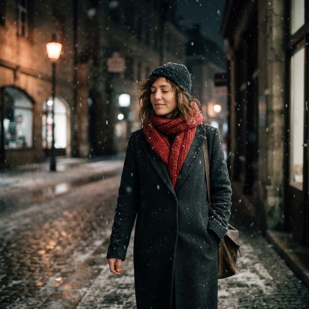woman in a red scarf in falling snow at night generated with Nano Banana 2 Lite in Made