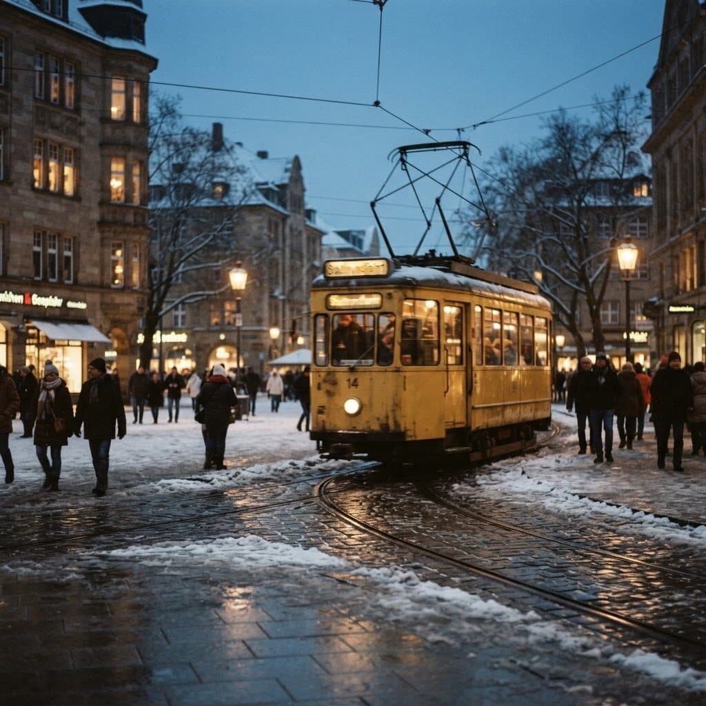 vintage tram crossing a snowy square at dusk generated with Nano Banana 2 Lite in Made