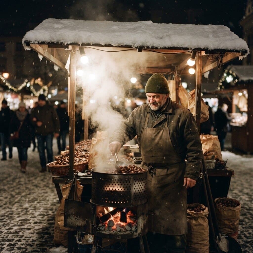 chestnut stall at a winter night market generated with Nano Banana 2 Lite in Made