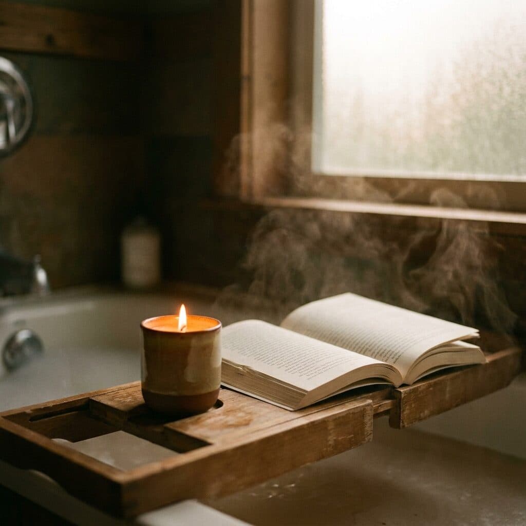 candle on a bathtub caddy generated with Nano Banana Pro in Made