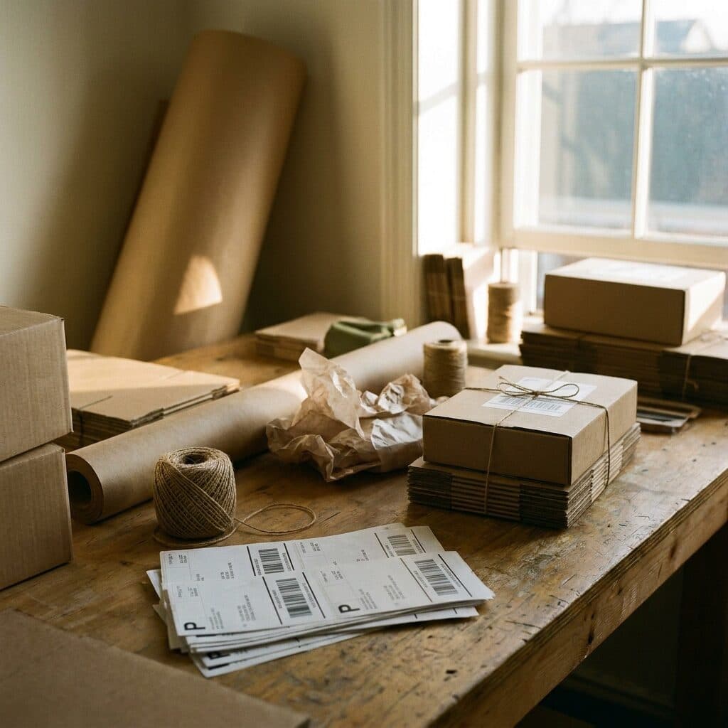 packing table with kraft boxes generated with Nano Banana Pro in Made