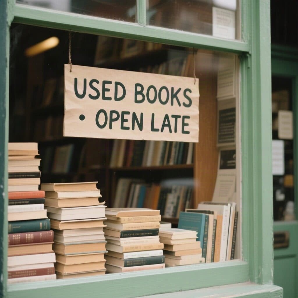 bookshop window with a hand-painted sign generated with Qwen Image in Made