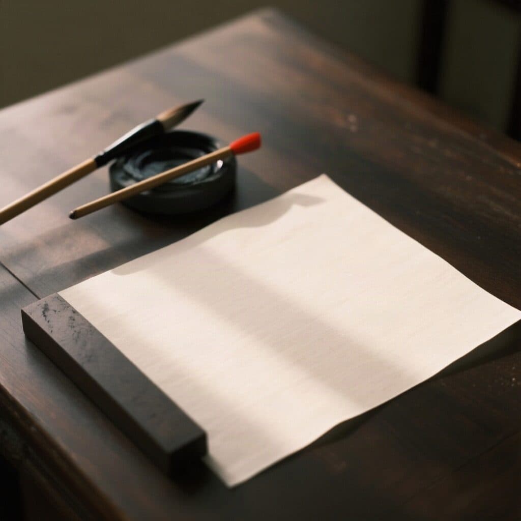 calligraphy brushes and ink stone on a desk generated with Qwen Image in Made