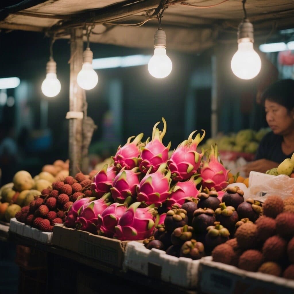 night market fruit stall under hanging bulbs generated with Qwen Image in Made