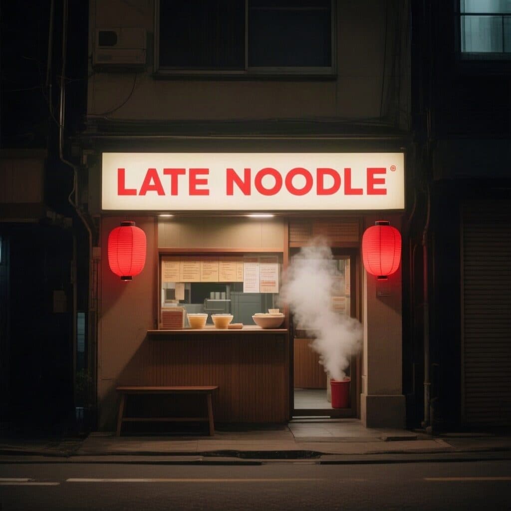 noodle shop facade with a LATE NOODLE sign generated with Qwen Image in Made
