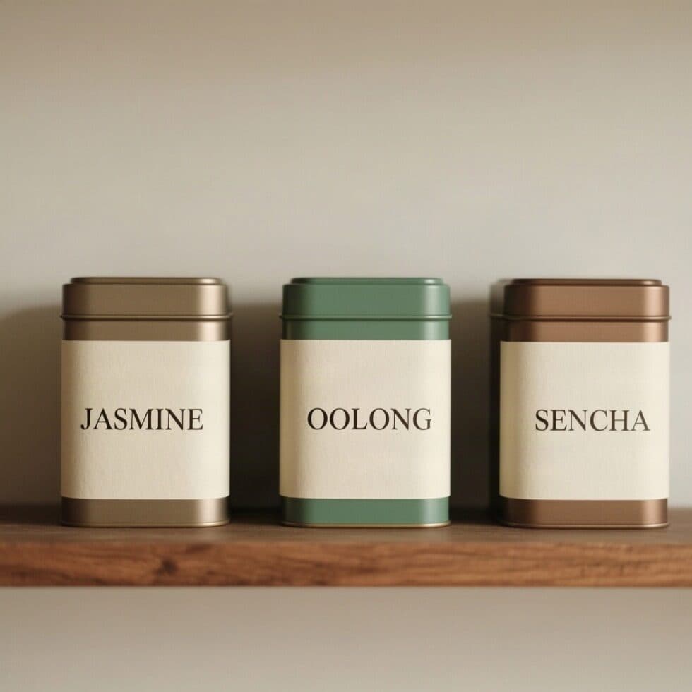 tea tins labeled Jasmine, Oolong and Sencha generated with Qwen Image in Made