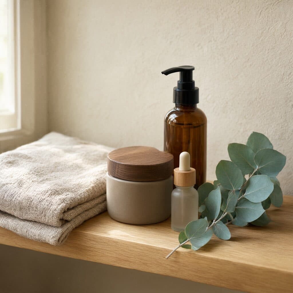 bathroom shelf with skincare jars generated with Qwen Image 3 in Made