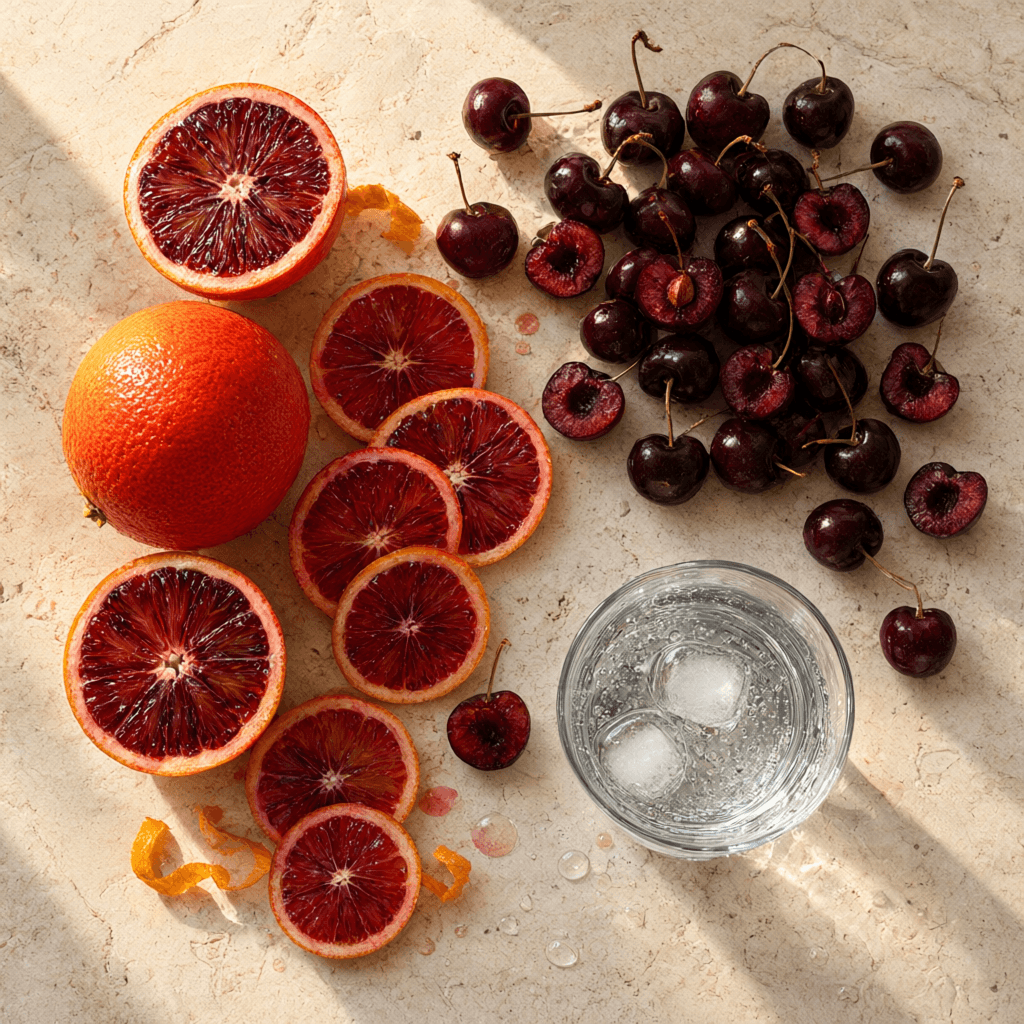 overhead blood orange and cherry still life generated with Qwen Image 3 in Made