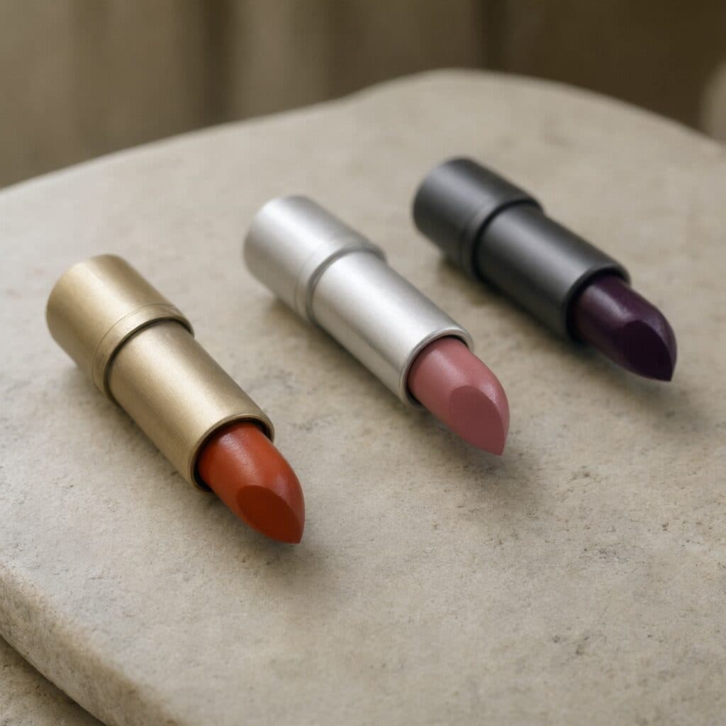 three lipstick bullets on stone generated with Qwen Image 3 in Made