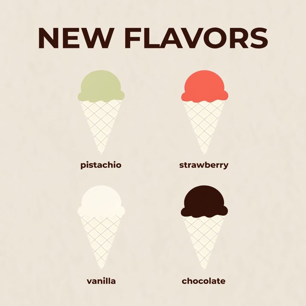 NEW FLAVORS social graphic with four cones generated with Recraft 4.1 in Made
