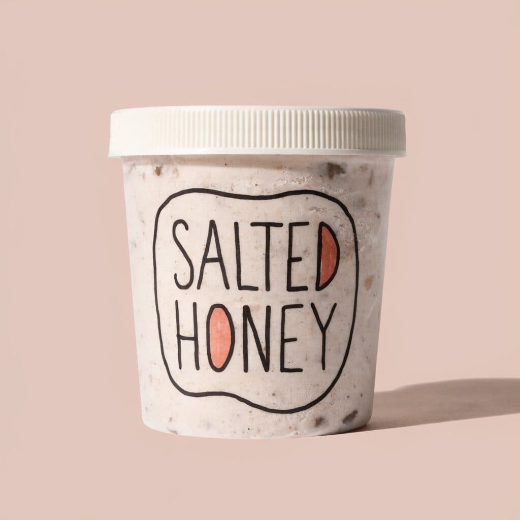 ice cream pint labeled SALTED HONEY generated with Recraft 4.1 in Made